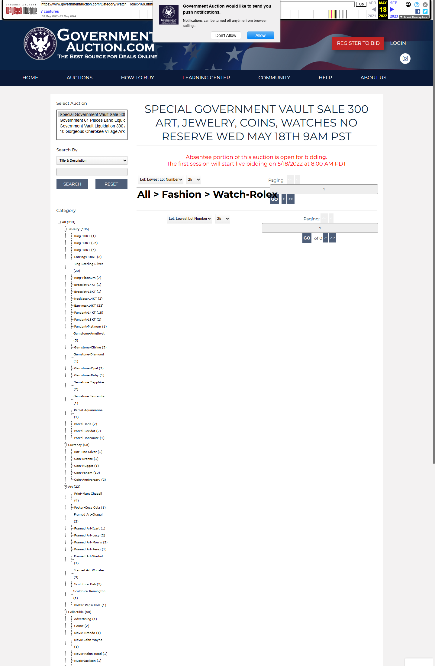 Archived governmentauction.com Rolex watch category page