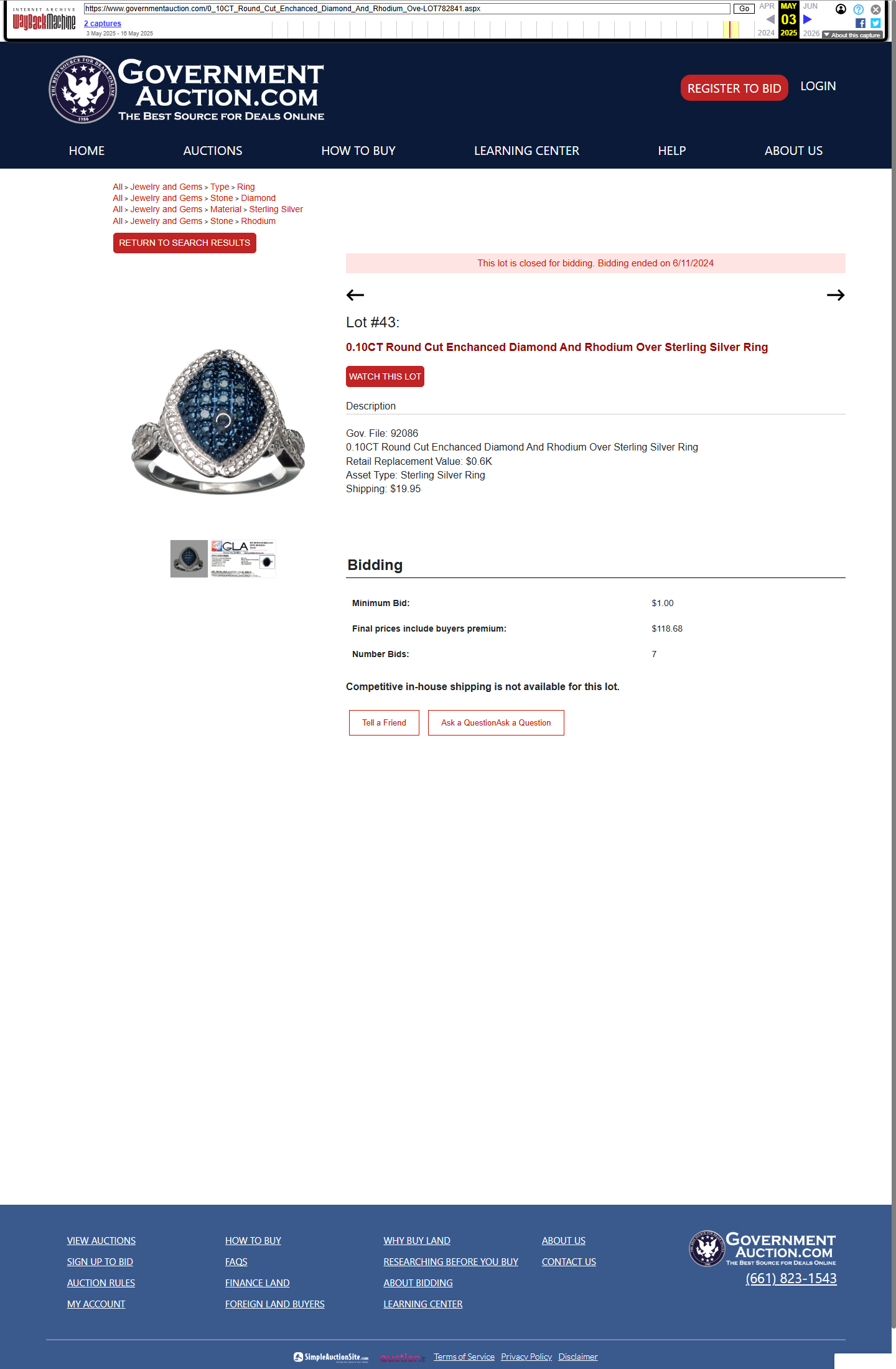 Archived governmentauction.com diamond ring lot page